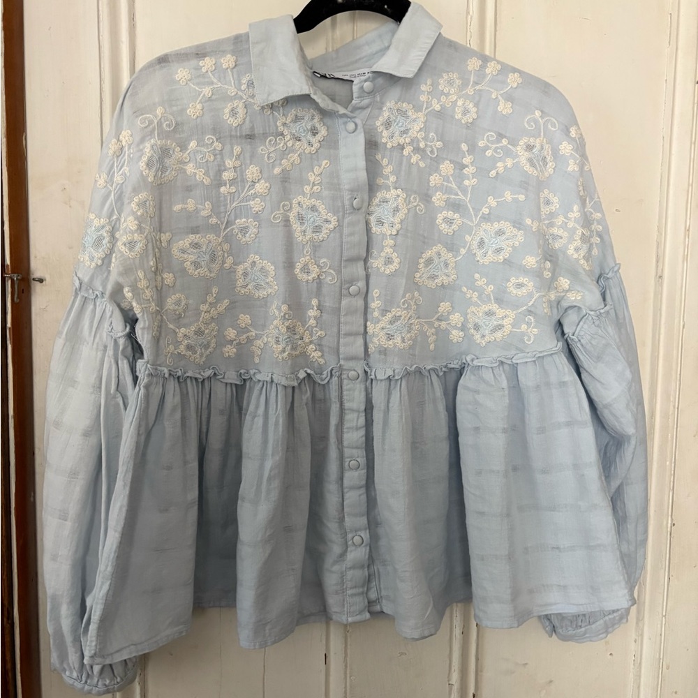 Zara Light Blue shirt with White Embroidery